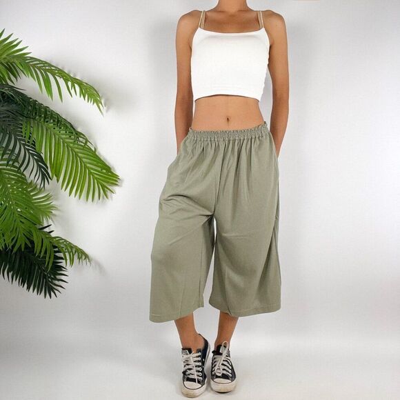 Vintage 90s Green Fairy Grunge Low Rise Boho Hippie Culottes Pants Capris / M/L - Picture 1 of 6